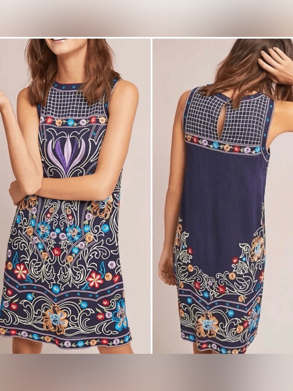 Anthropologie Maeve Kira Floral Embroidered Sleeveless Shift Dress 4 / S Boho